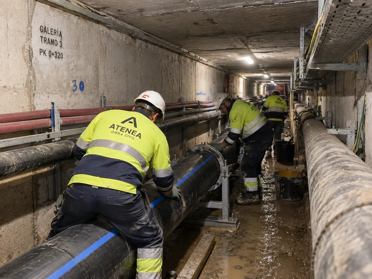 Operarios instalando tubería en galería técnica enterrada