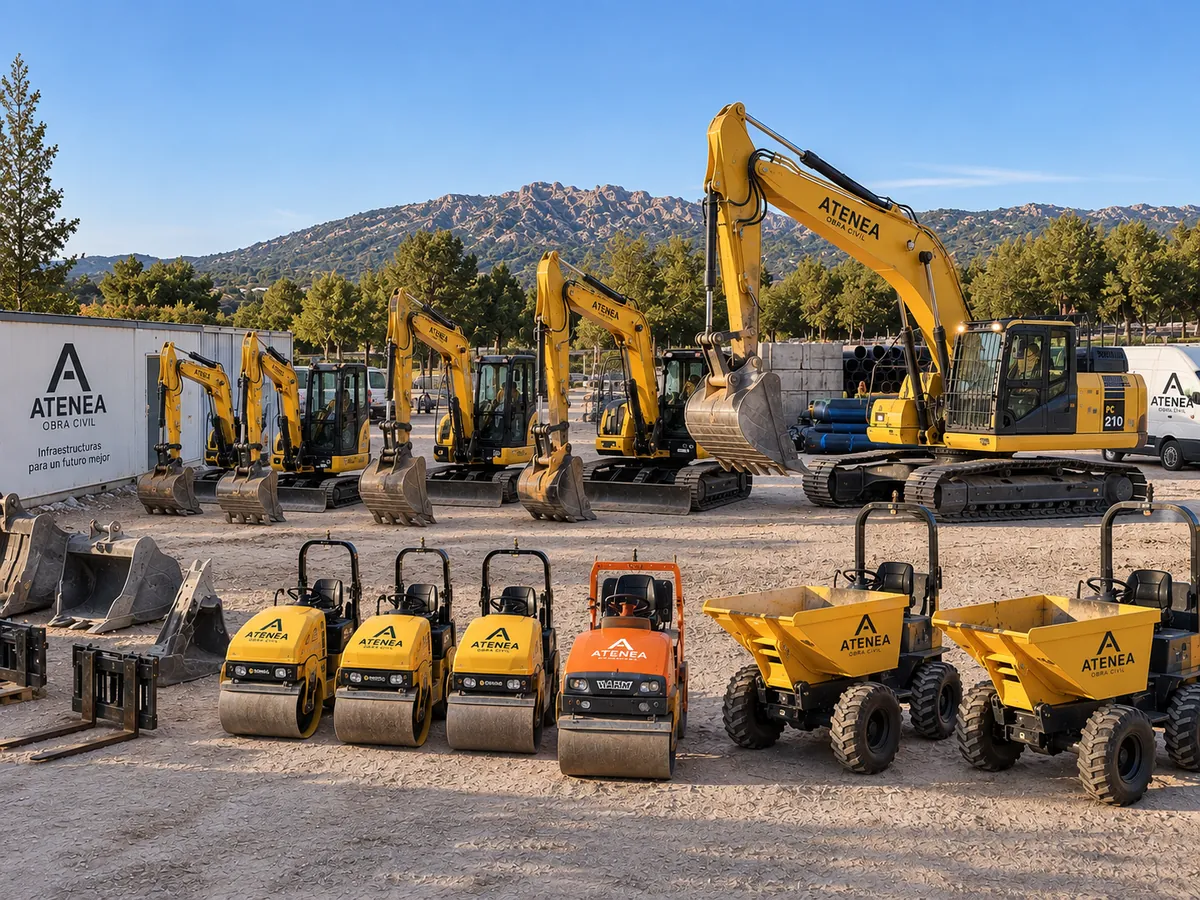 Parque de maquinaria propia de ATENEA: retroexcavadoras, rodillos y dumpers
